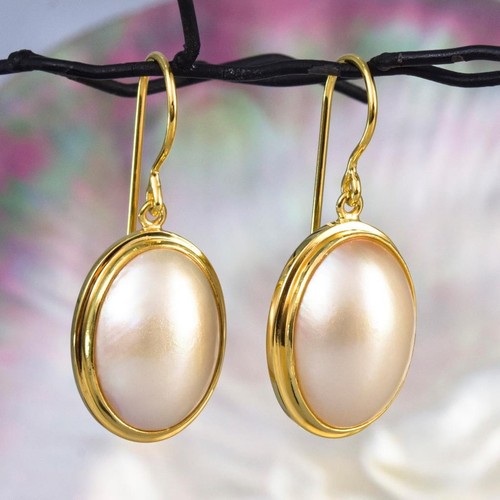 Pendientes Blanco Mabe Perla Ovalado & 18K Oro Vermeil Sobre 925 Ley Plata 7.90g - Imagen 4 de 12