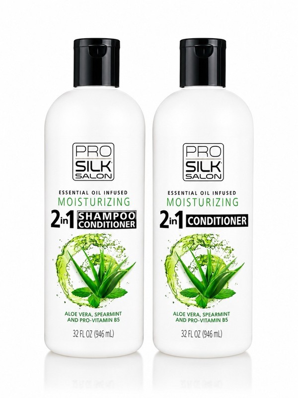 2-32oz Blk PRO SILK SALON 2-in-1 Shampoo/Conditioner Aloe Vera Spearmint- Vit B5
