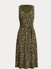 Lauren Ralph Lauren Floral Midi Dress Women Size 4 Farm Olive Sleeveless Belted