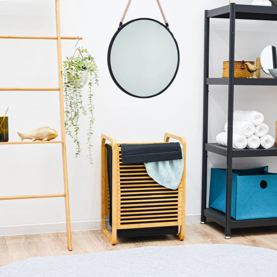 50L Wäschekorb Bambus mit Deckel und Wäschesack - 40x36x57 Holz Wäschesammler  - Bild 2 von 4