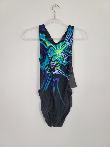 New TYR Women's Size 38 XL Maxback Northern Lights Performan Swimsuit Black Blue
