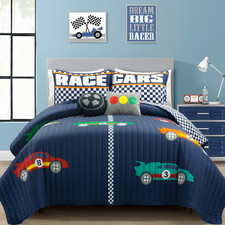 Lush Decor Racing Cars Reversible Quilt Queen Size 5 Piece Set Full/Queen Navy