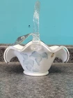 Fenton Basket Morning Mist HP Blue Flowers on Milk Glass Signed Fenton Tag