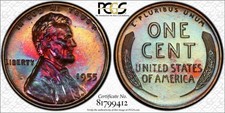 1955 Lincoln Cent Pcgs Pr67bn Rainbow Toned Top Pop Of 3