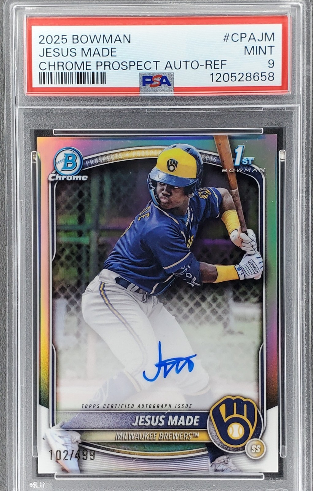 2025 1st Bowman Chrome Refractor Auto Jesus Made /499 Mint 9 Milwaukee Brewers