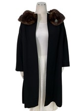 Vintage Penn Craft 50s/60s Black Wool Swing Coat Real Mink Fur Collar Ladies S/M