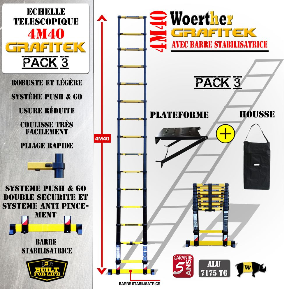 Échelle télescopique 4m40 Woerther avec plateforme stable et housse de transport