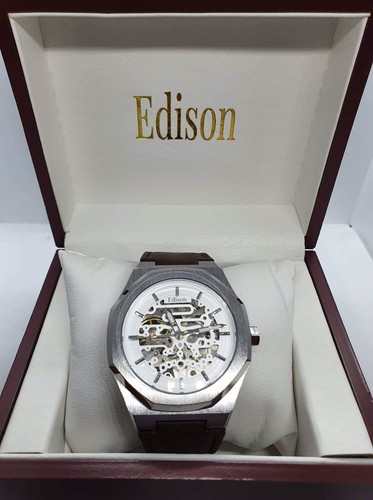 Mens Edison Roadster Automatic Watch Silver Colour Hexagon Case Brown Leather. - Picture 4 of 4