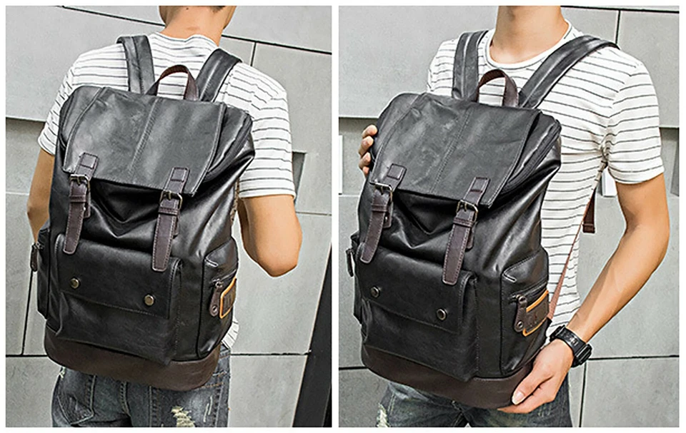 HUACHEN Men's Travelling Bag Shoulder Weekender School Bags Leather Backpack - Image 2 of 4