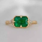 Art Deco Vintage Style Emerald & Lab Created Diamond 14K Gold FN Engagement Ring