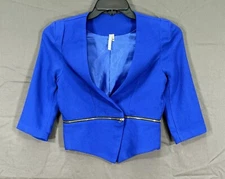 MITTOSHOP Blue CREPE 3/4 Sleeve SNAP-UP Cropped ZIPPER DETAIL Blazer Jacket Sz S