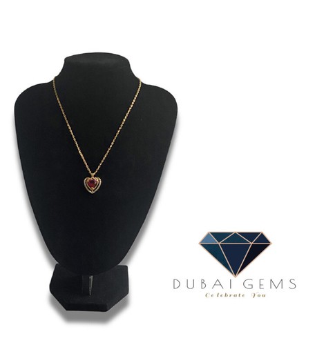 YELLOW GOLD FINISHED RED RUBY AND CREATED DIAMOND HEART CUT NECKLACE GIFT BOXED - Picture 7 of 12