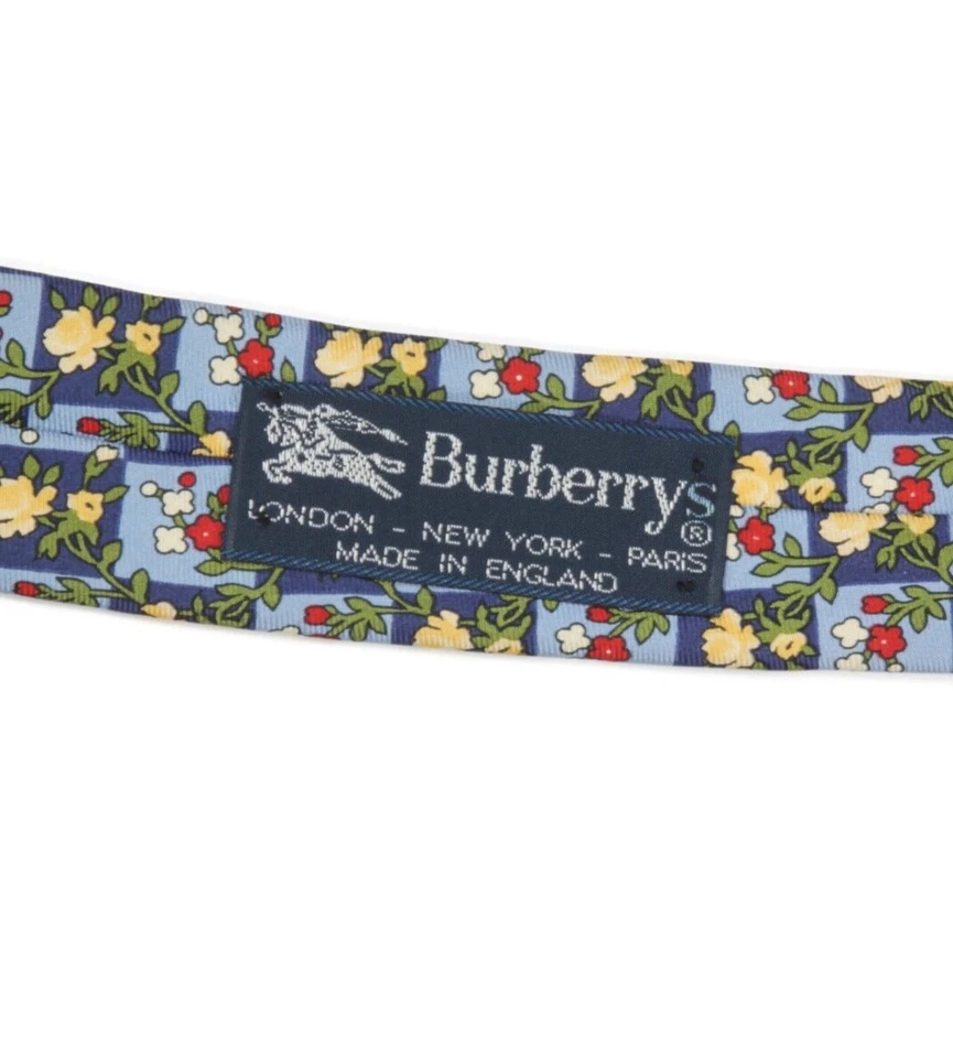 Corbata de cuello de seda vintage para hombre Burberrys azul floral amarillo rojo rosa a cuadros Foto 4 de 4