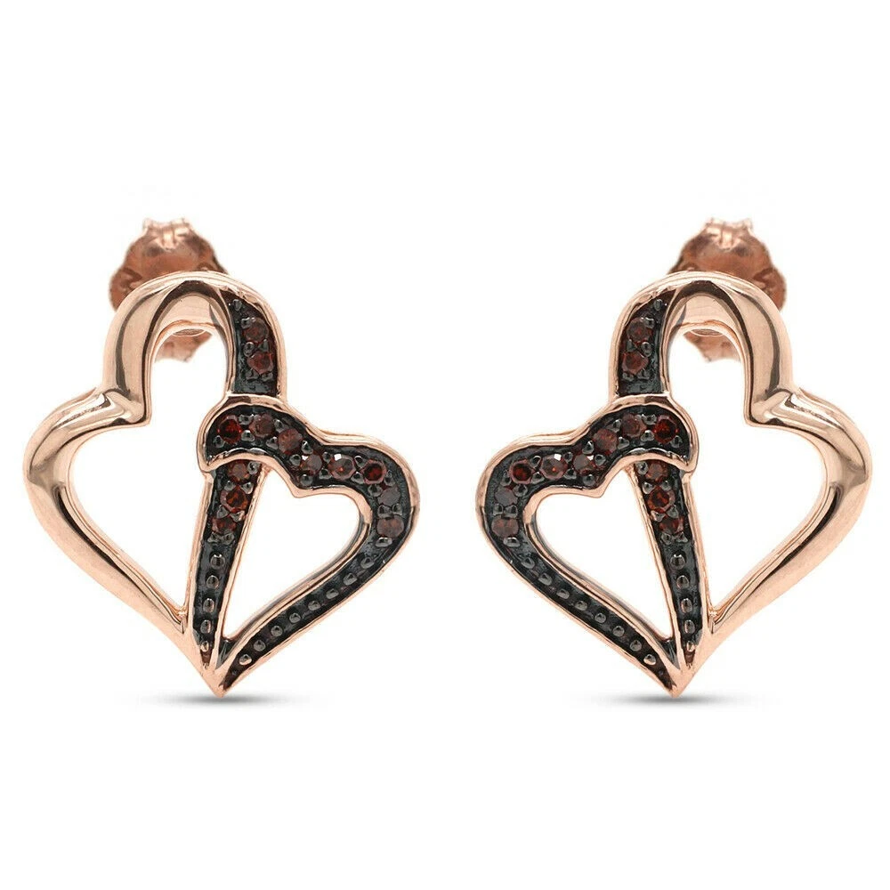 Simulated Red Diamond Double Heart Stud Earrings 14K Rose Gold