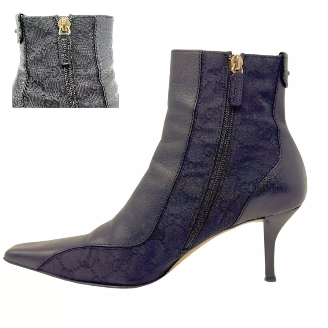 Gucci Bottes GG Logo Monogramme Suprême Cuir Noir Toile Bottines Talons 9,5