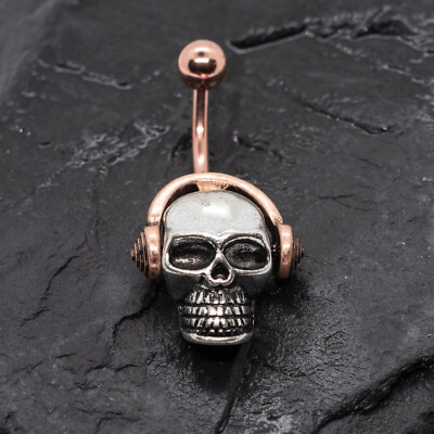 Pierce2GO Rose Gold Belly Ring with Silver Skull/Rose Gold Headphones Pendant