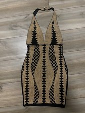 Black/Gold Embellished Rhinestone Mini Halter Dress