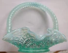 Vintage FENTON Aqua Blue Glass Hobnail Ruffled Edge Basket Candy Dish Signed