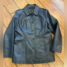 East 5th leather coat jacket womens Large black button down Work Business Office