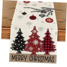 Pine Trees Merry Christmas Table Runner, Winter 13" x 72", Table Runner Red