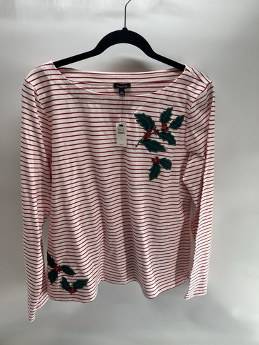 NWT Talbots EMBROIDERED BATEAU NECK TEE - HOLLY BERRY Red & White STRIPE L Xmas