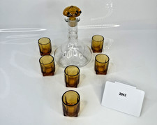 Vtg MCM Amber Glass Decanter Set 6 Shot Glasses Mid Century Barware Liquor Set