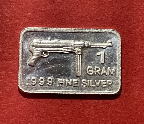 Solid Silver Bar With MP40 Submachine Gun Image! 1 Gram Fine .999 Silver!