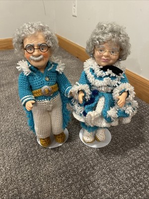 Elderly Couple Dolls With Handmade Crochet Outfits & Glasses - Grandma & Grandpa