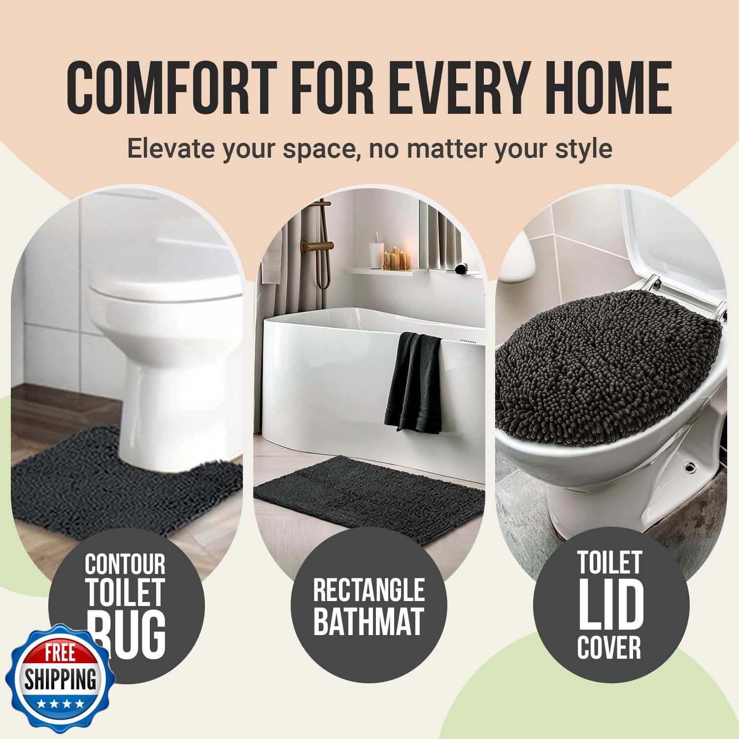 ITSOFT 3pc Non-Slip Shaggy Bathroom Mat Set, Includes 24 x 21 Inc