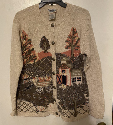 Northern Reflections Sweater Cardigan Floral Pastoral Scene Embroidery READ