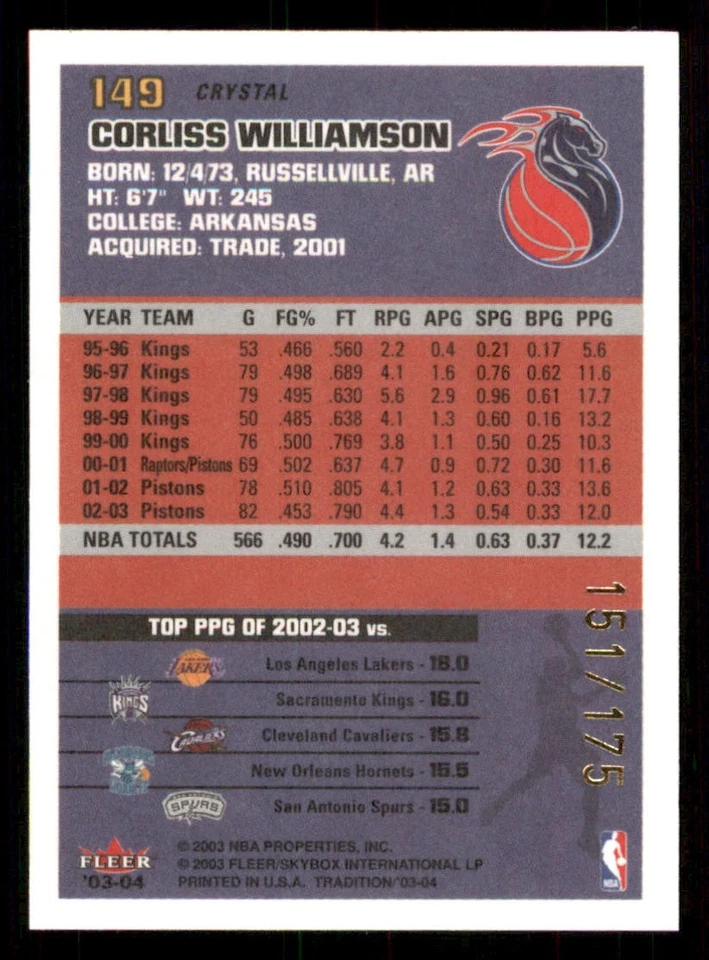 2003-04 Fleer Tradition Crystal #149 Corliss Williamson /175 - Image 2 of 2