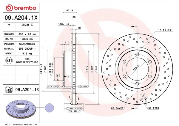 2X Brembo Bremsscheibe Gelocht/Innenbel. Ø338Mm FüR Toyota Land Cruiser LJ12_-image