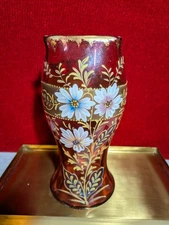 Vtg. Bohemian Czech Art Glass Cranberry Vase w/ Enamel Flowers