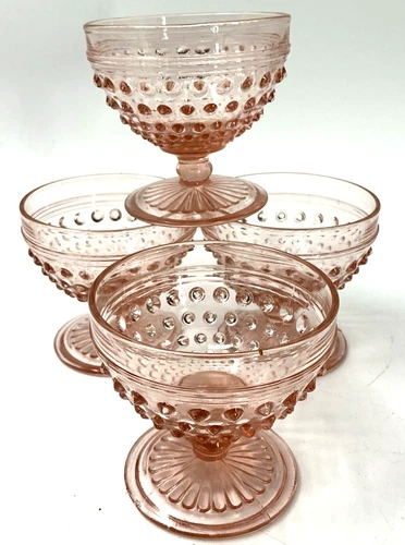 Anchor Hocking Champagne Sherbet Pink Hobnail Depression Glass 3.5" Set 4 Blush