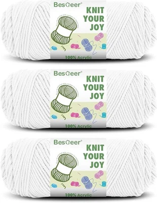 Besgeer White Yarn for Crocheting, Knitting,Tufting, Craft 3 Pack of 100g/3.5oz