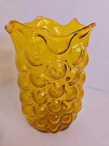 Wayne Husted Blenko #6041 Amber Yellow Bubble Glass Vase 1961 MCM Crimped Rim