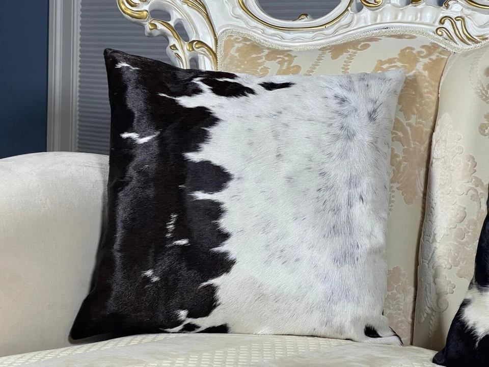 Luxury Cowhide Pillow Cover – Genuine Hair-On Leather Cushion Black & White 16" - Image 2 of 4
