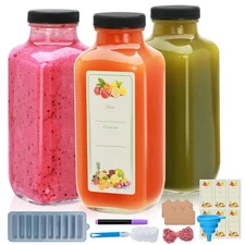 3 Pack 16oz Glass Juice Bottles with Lids Clear Milk Storage Container