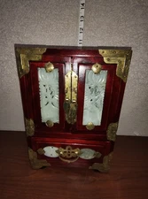 ROSEWOOD Jewelry CHEST Trunk BOX with BRASS & JADE Inlay 9.5” TALL Drawers!CHINA
