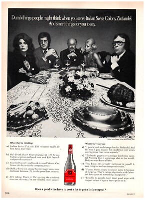 1971 Swiss Colony Zinfandel Print Ad, Wine Snob Talking Points 70's Dinner Table