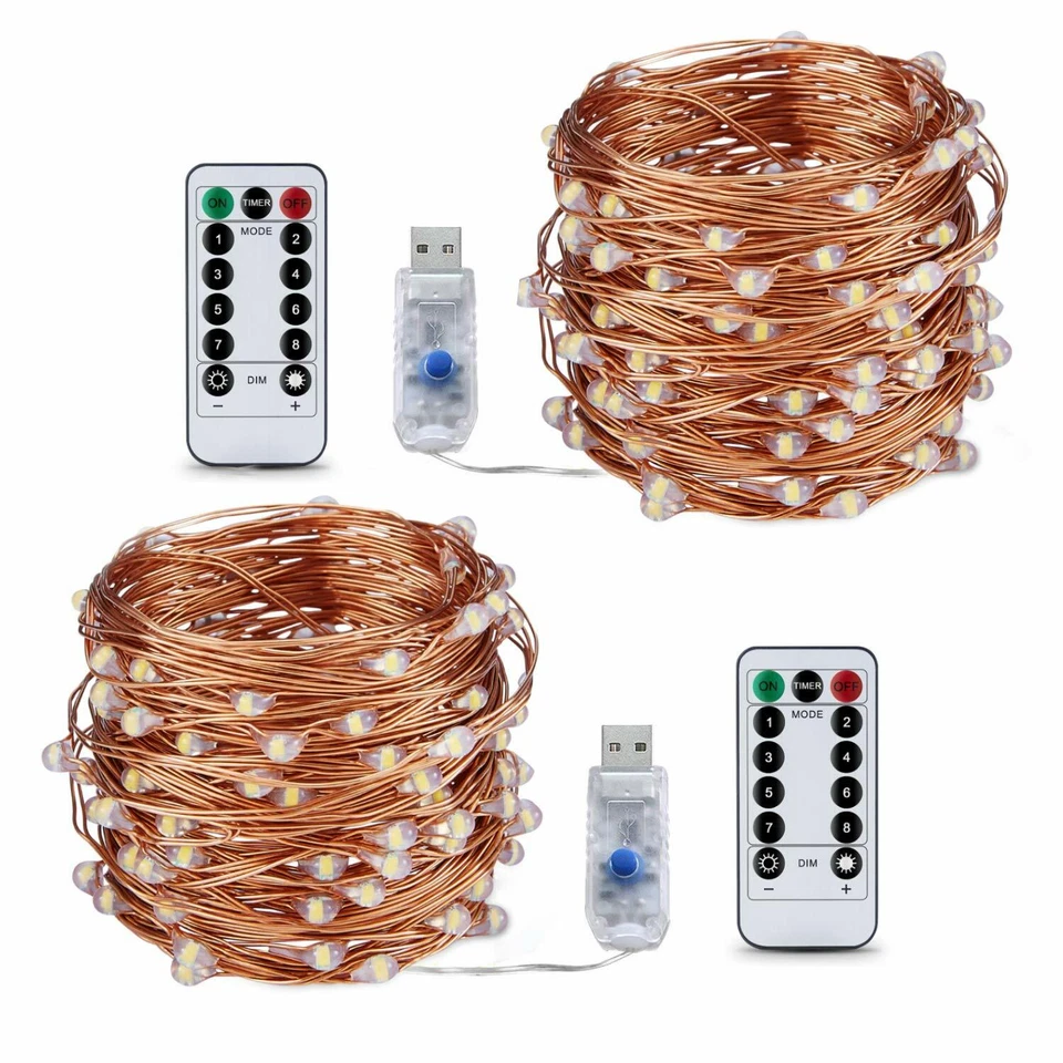 USB Twinkle LED String Fairy Lights 5-20M 50/100/200LED Copper Wire Party Remote - Image 4 of 4