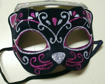 Happy Halloween Masquerade Mask Black Pink Cat Face