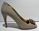 PRADA Beige Linen Jeweled Gold Lame Leather Open Toe High Heel Shoes Pumps Bag 9 — photo 4