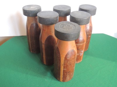 Antique Set 6 Wood D&M Bottle Carnival Circus Game Sport Pin Knock Down Weighted
