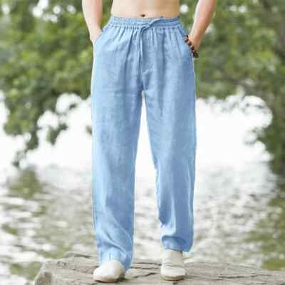 Mens Cotton Linen Loose Pants Casual Drawstring Beach Yoga Baggy Long Trousers