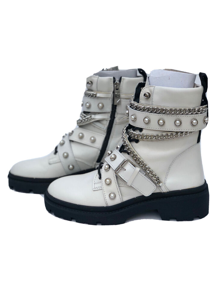 Zara White Leather Biker Ankle Boots Chain Studs UK5 EUR38 US7.5 REF ...