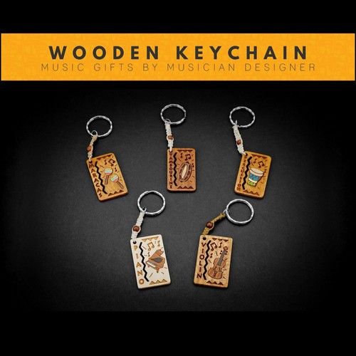 Maracas,Tambourine,Percussion,Piano,Violin Wooden KeyChain by Musician