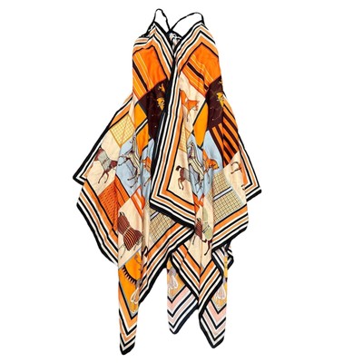 Stacy Bradley by Design Light Blue & Orange Horse Silk Dress, Size OS