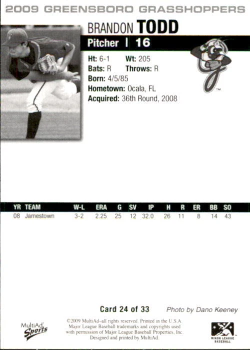 2009 Greensboro Grasshoppers Multi-Ad #24 Brandon Todd Ocala Florida FL Card - Image 2 of 2