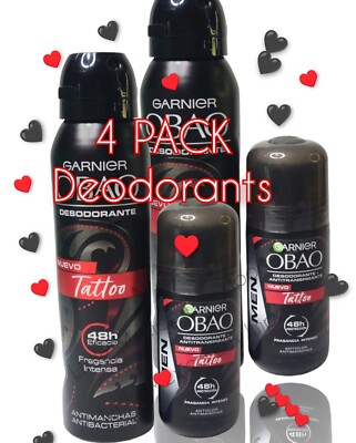 4Pack Desodorante Hombre Garnier Obao Deodorant:2-RollOn 65gc/, 2-Spray150ml eac